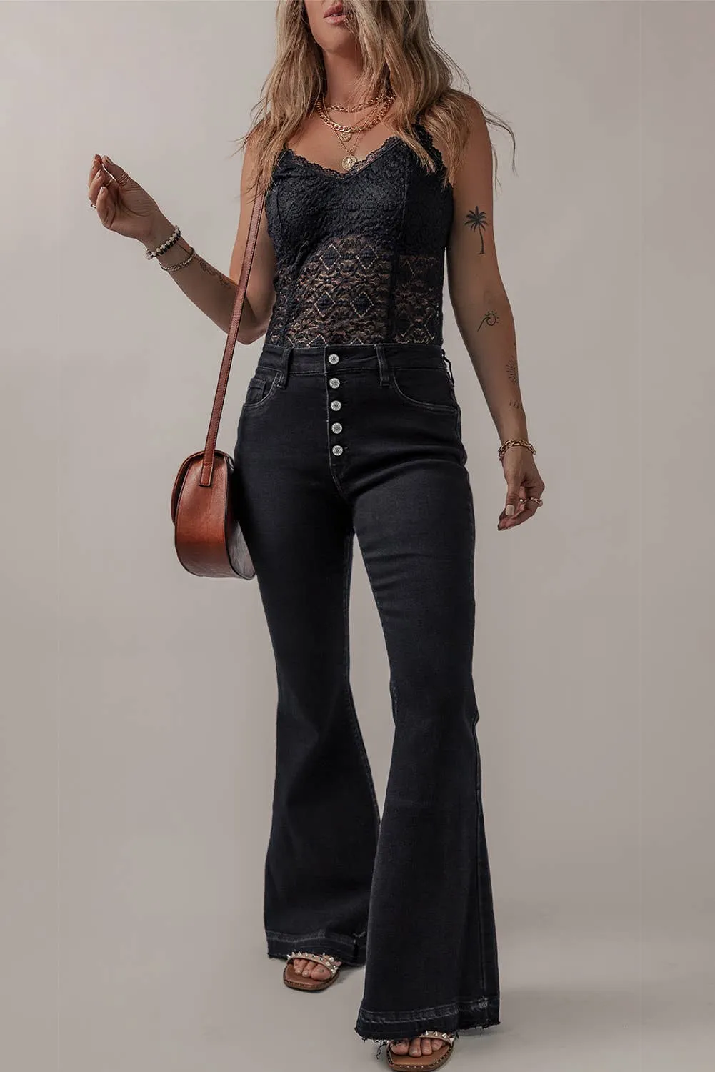 LDC High Waist Button Front Flare Jeans LD7874
