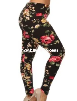 LEG-1 Black Leggings with Pink & Gold Rose Print PLUS SIZE