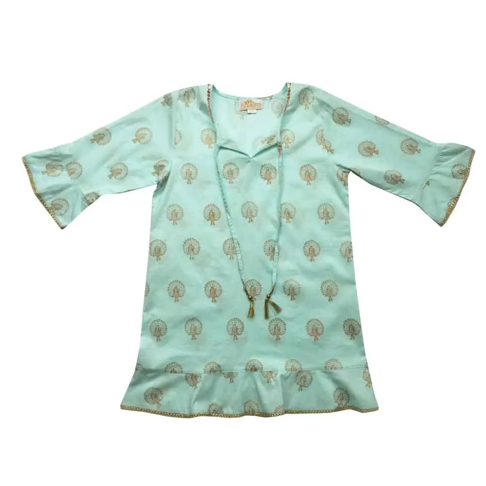 Light Blue Gold Block Peacock Coverup