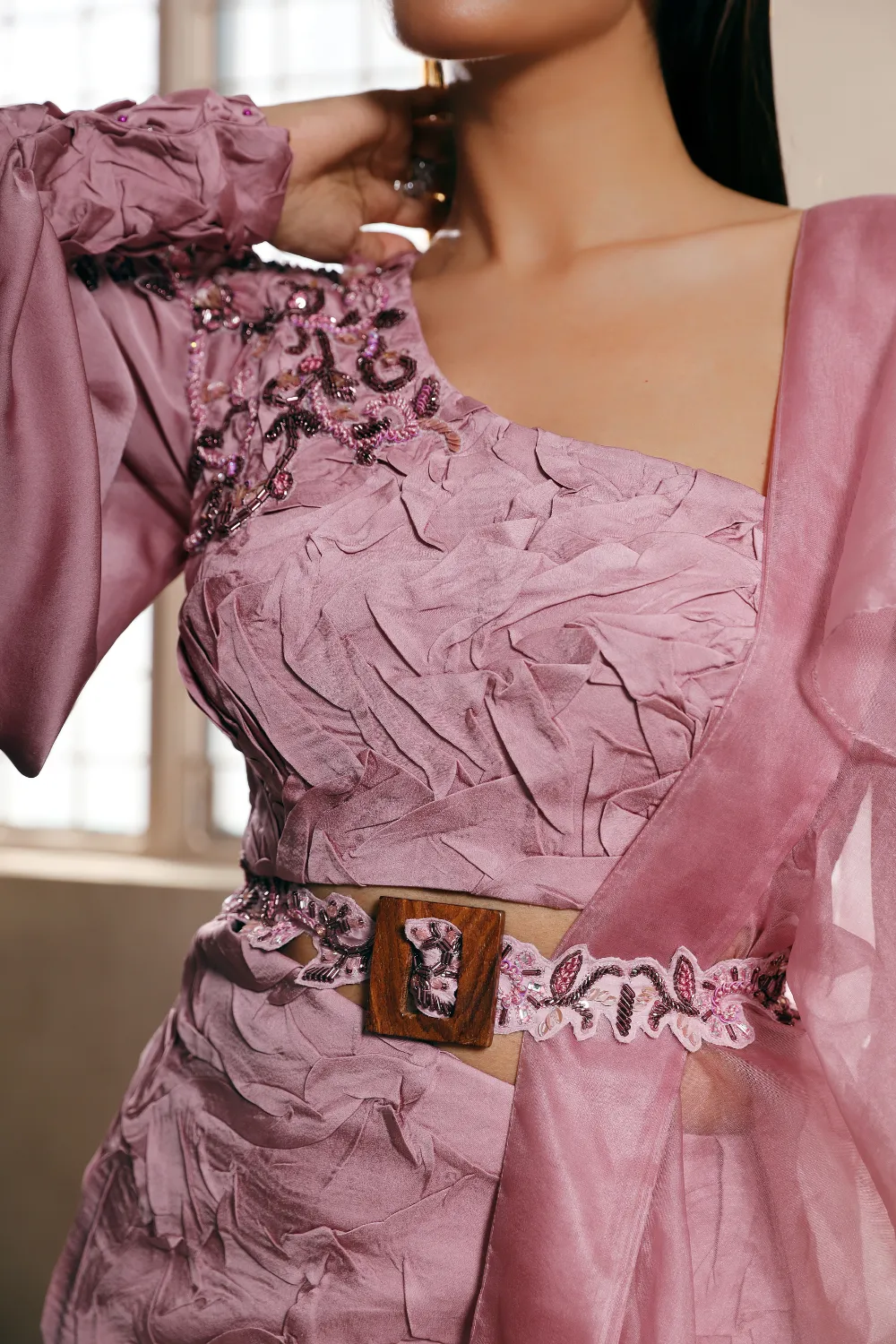 Lilac Flare cut pants with Embroidered tunic and organza ruffle dupatta set