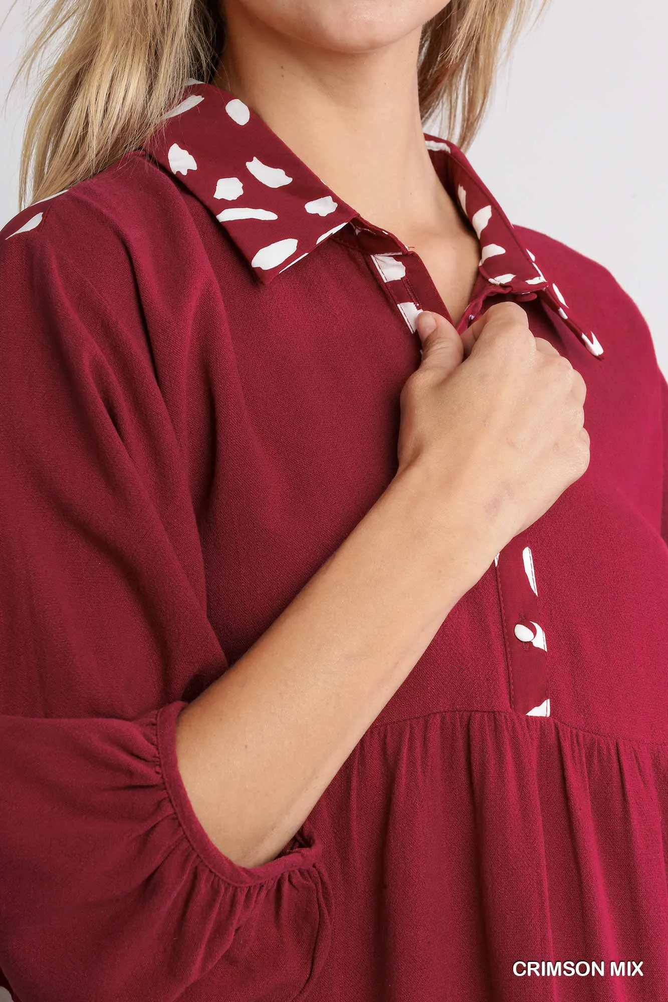 Linen Blend Animal Print Collar Button Down Tunic