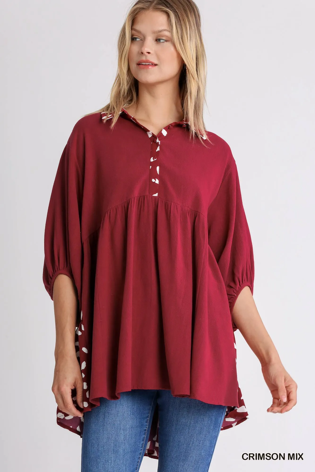 Linen Blend Animal Print Collar Button Down Tunic