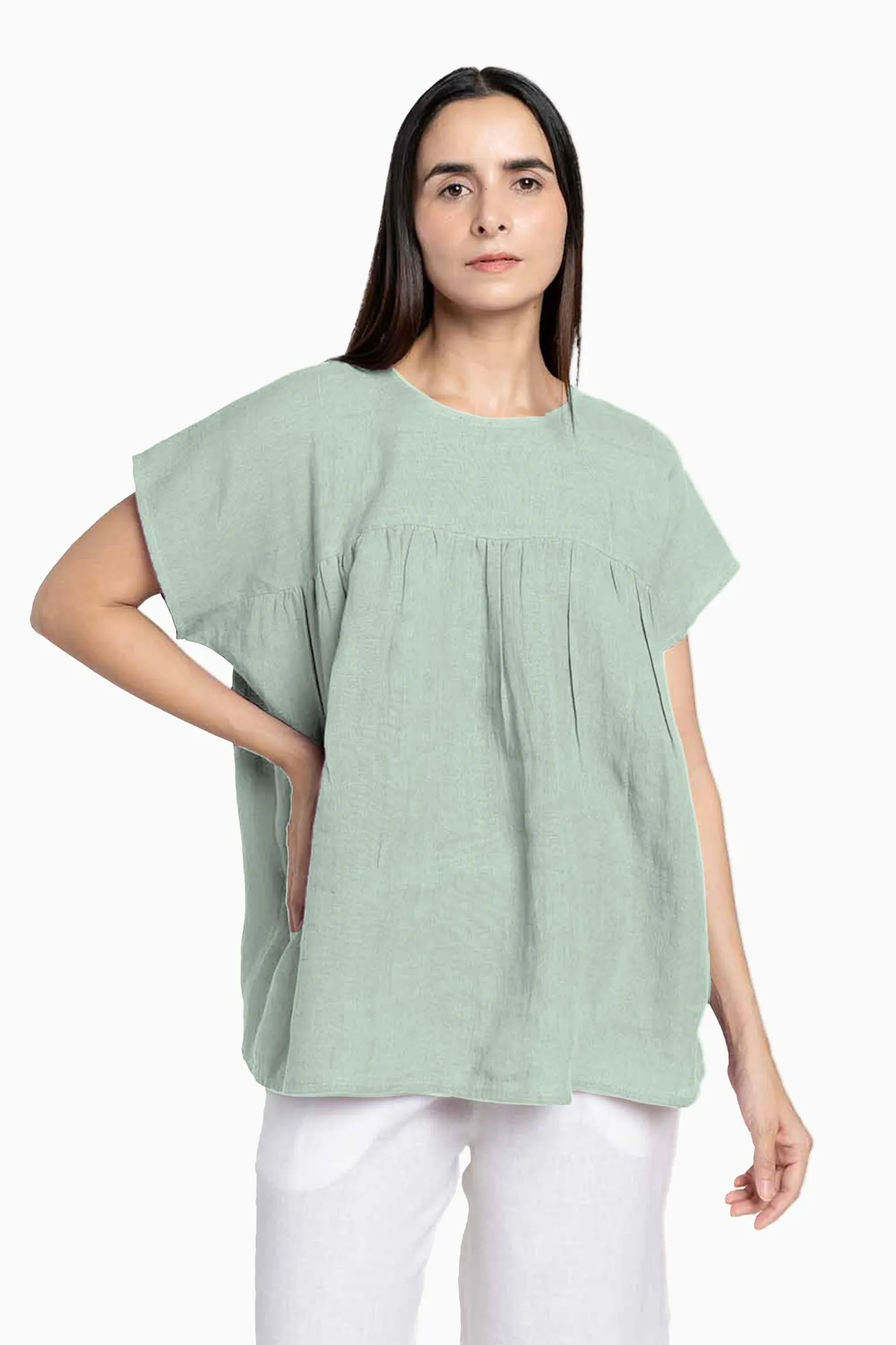 Linen Pearl Top-Stormy Blue