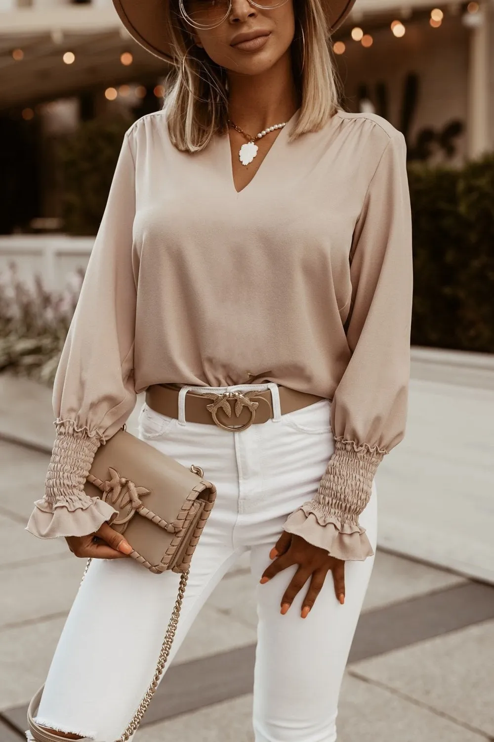 Loose Fitting Silky V-Neck Ruched Long Sleeve Top