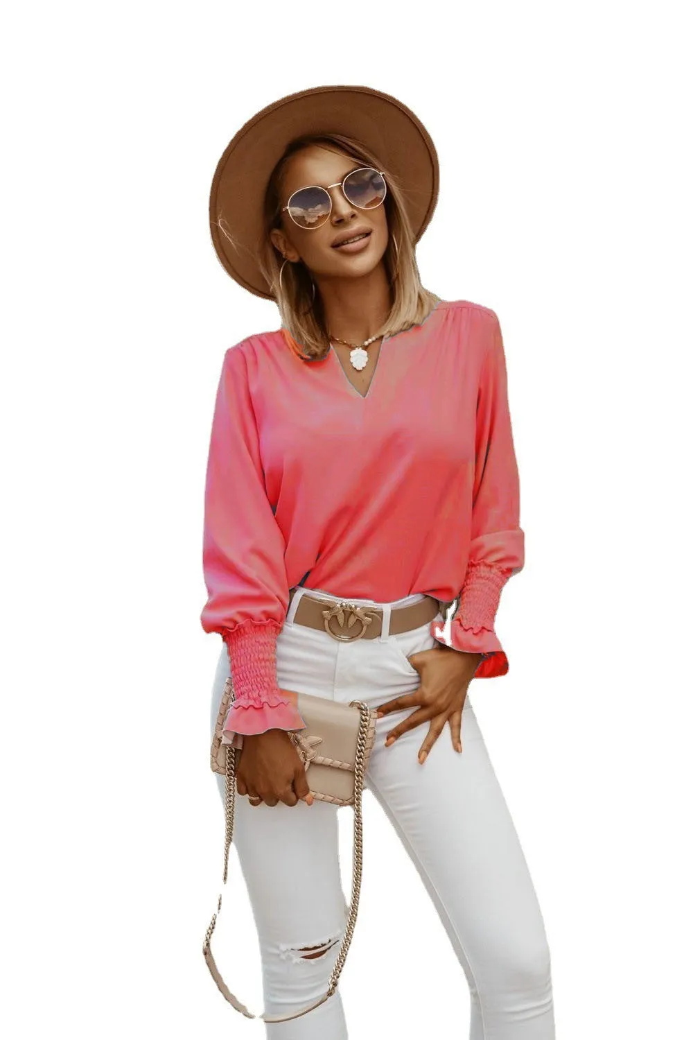 Loose Fitting Silky V-Neck Ruched Long Sleeve Top