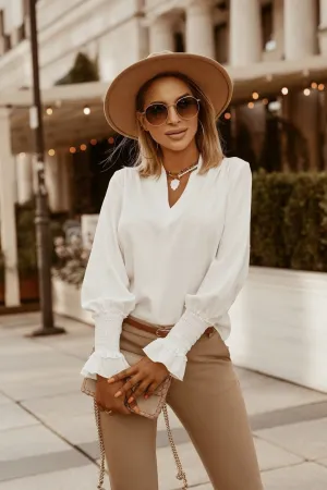 Loose Fitting Silky V-Neck Ruched Long Sleeve Top
