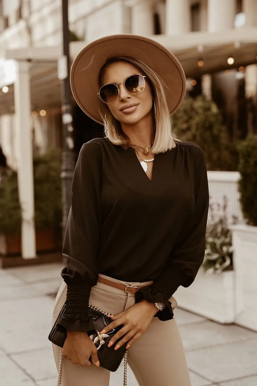 Loose Fitting Silky V-Neck Ruched Long Sleeve Top