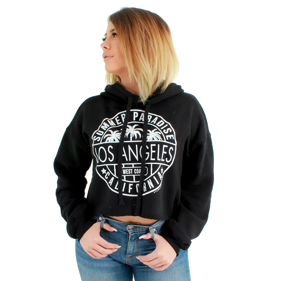 Los Angeles Circle Print Cropped Hoodie Black