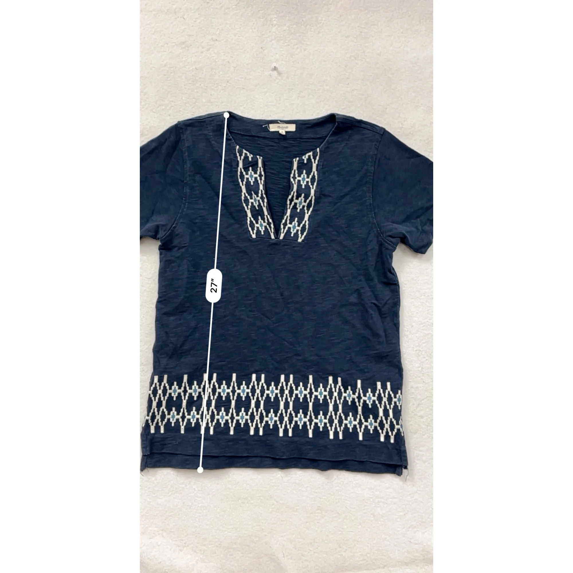 Madewell Womens Cotton Embroidered Navy Tunic Top Medium Short Sleeve Geometric Pattern #6931
