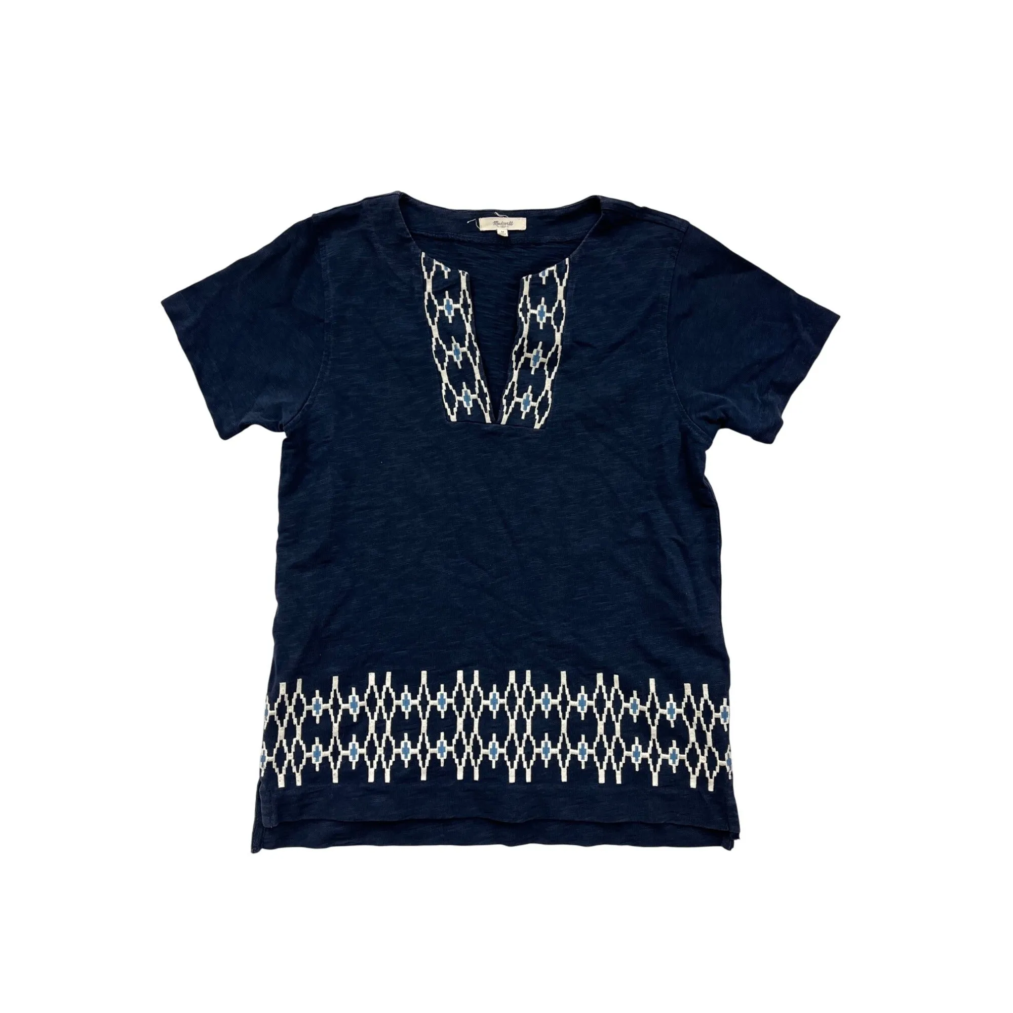 Madewell Womens Cotton Embroidered Navy Tunic Top Medium Short Sleeve Geometric Pattern #6931
