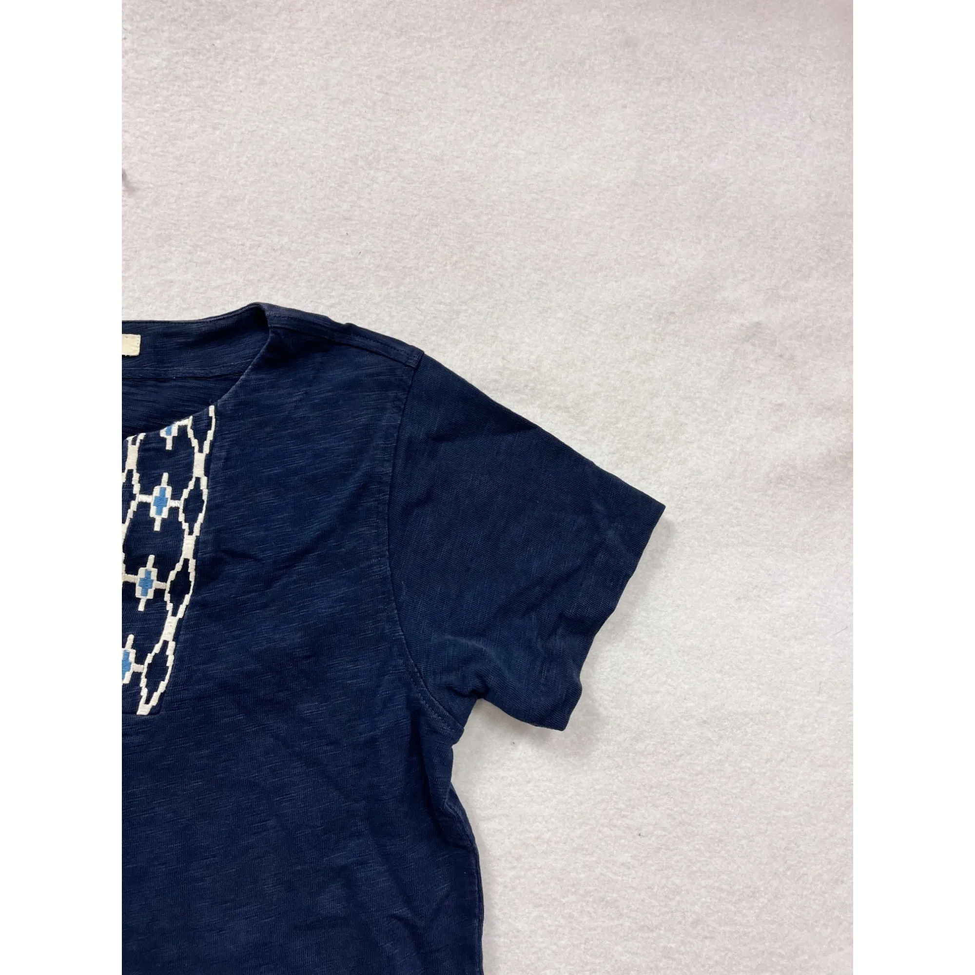 Madewell Womens Cotton Embroidered Navy Tunic Top Medium Short Sleeve Geometric Pattern #6931