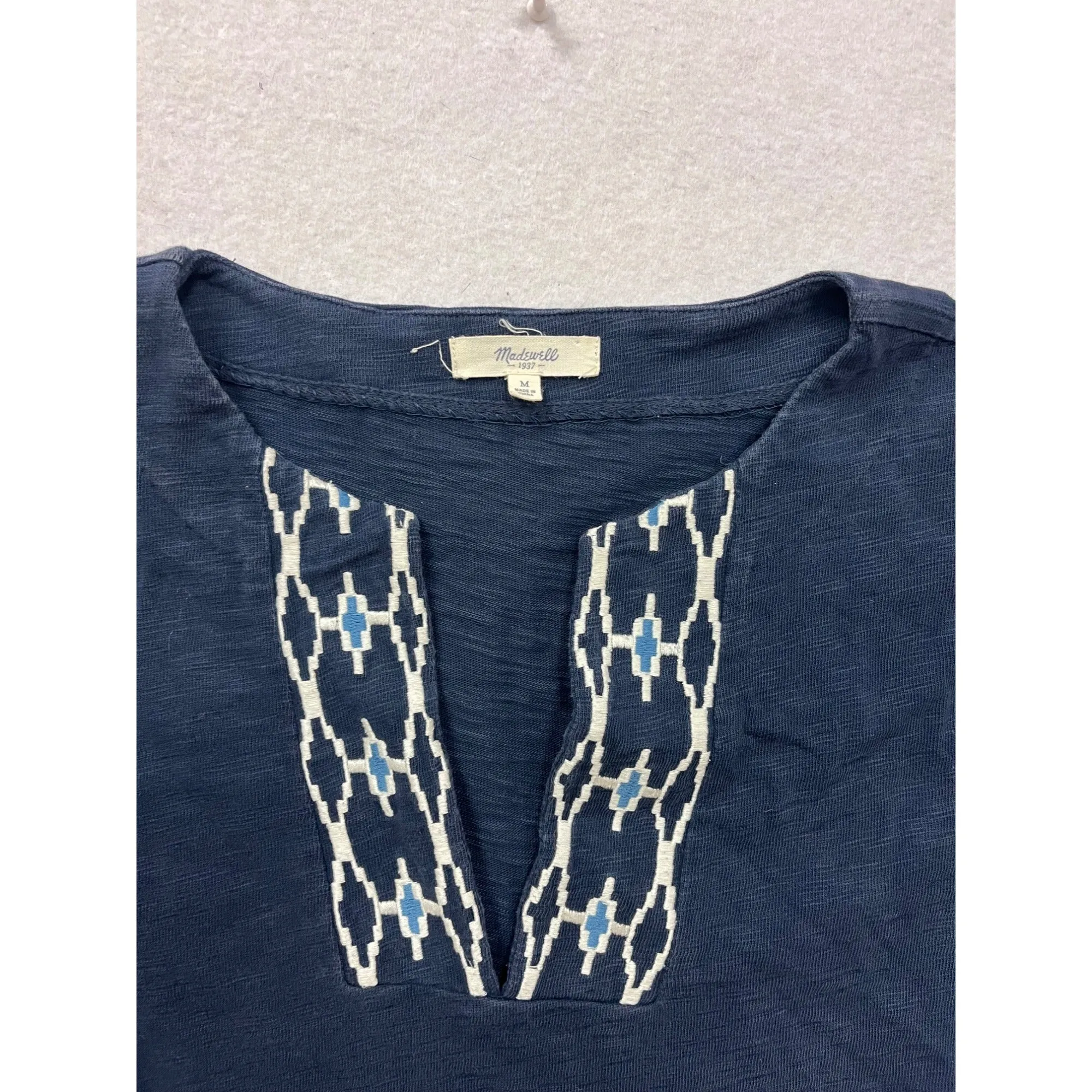 Madewell Womens Cotton Embroidered Navy Tunic Top Medium Short Sleeve Geometric Pattern #6931