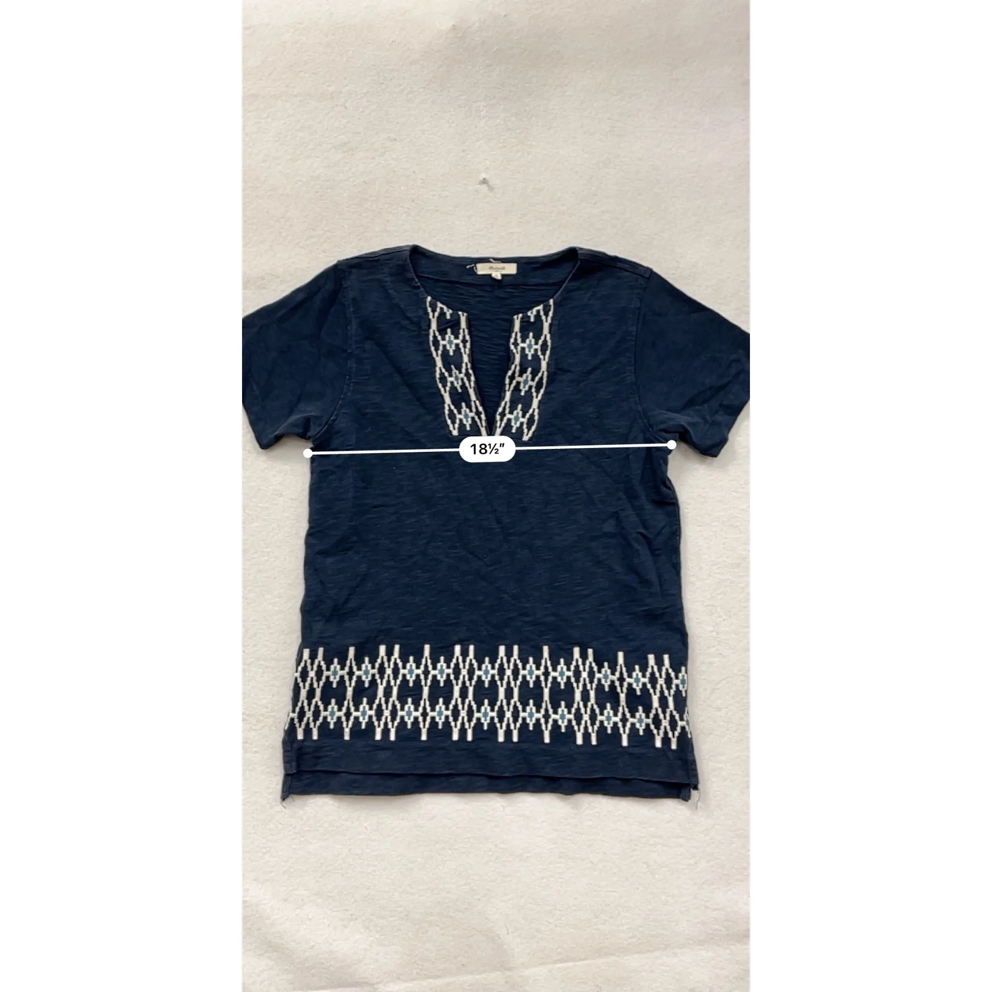 Madewell Womens Cotton Embroidered Navy Tunic Top Medium Short Sleeve Geometric Pattern #6931