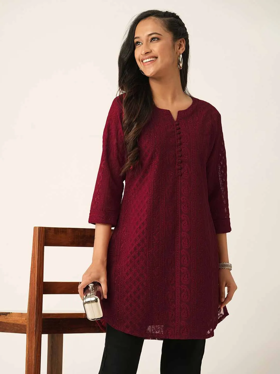 Maroon Paisley Embroidered Georgette Lucknowi Chikankari Thigh Length Tunic For Women - ZOLA