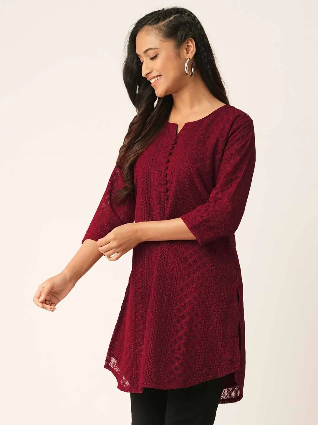Maroon Paisley Embroidered Georgette Lucknowi Chikankari Thigh Length Tunic For Women - ZOLA