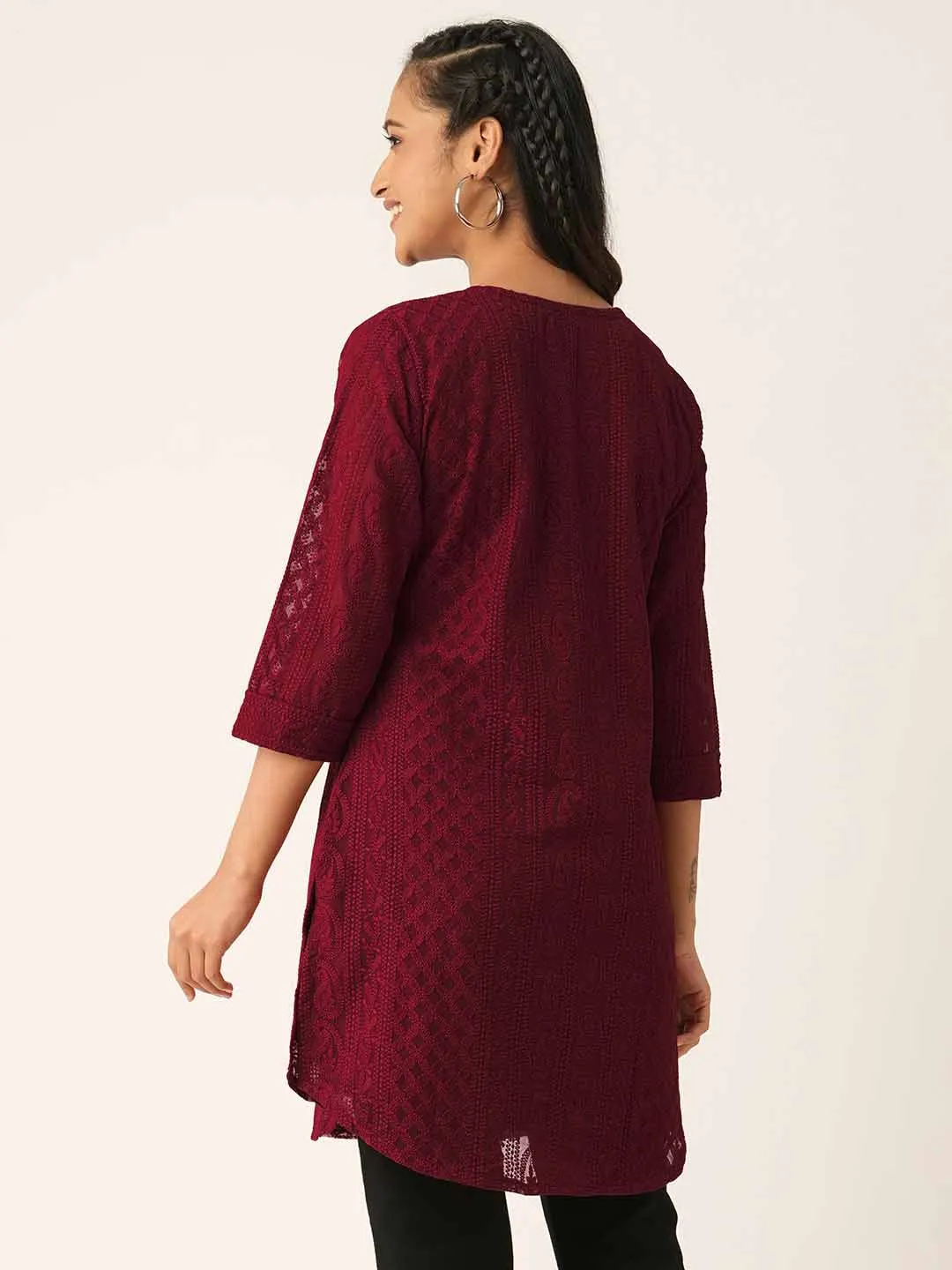 Maroon Paisley Embroidered Georgette Lucknowi Chikankari Thigh Length Tunic For Women - ZOLA
