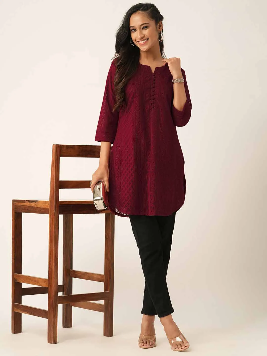 Maroon Paisley Embroidered Georgette Lucknowi Chikankari Thigh Length Tunic For Women - ZOLA