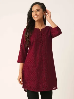 Maroon Paisley Embroidered Georgette Lucknowi Chikankari Thigh Length Tunic For Women - ZOLA