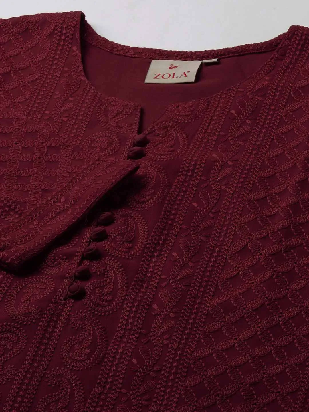 Maroon Paisley Embroidered Georgette Lucknowi Chikankari Thigh Length Tunic For Women - ZOLA