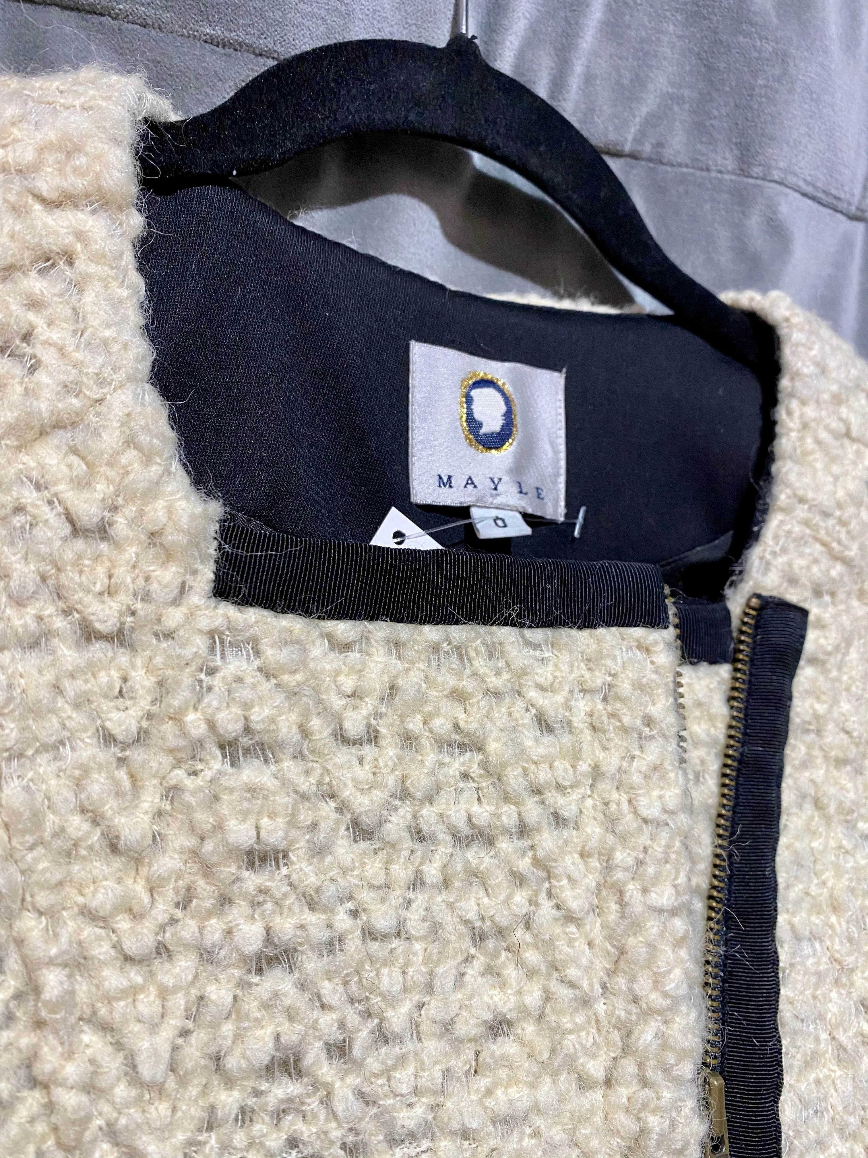 Mayle Wool Ivory Colored Zip Coat With Black Ribbon Detail