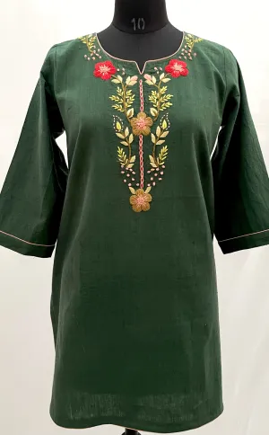 Mehndi Green Pure Khadi Cotton Kurta Hand Embroidered Tunic Top