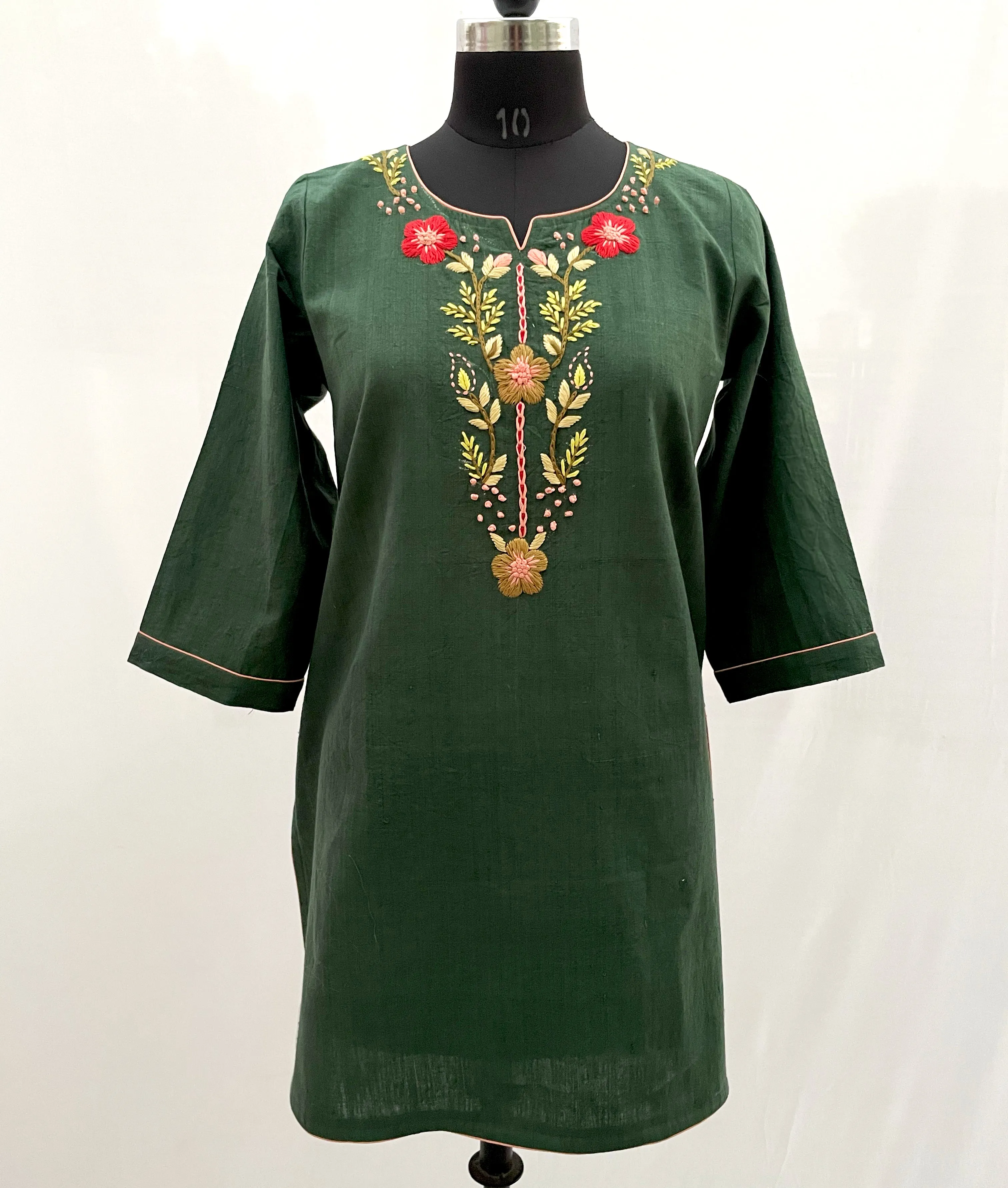 Mehndi Green Pure Khadi Cotton Kurta Hand Embroidered Tunic Top