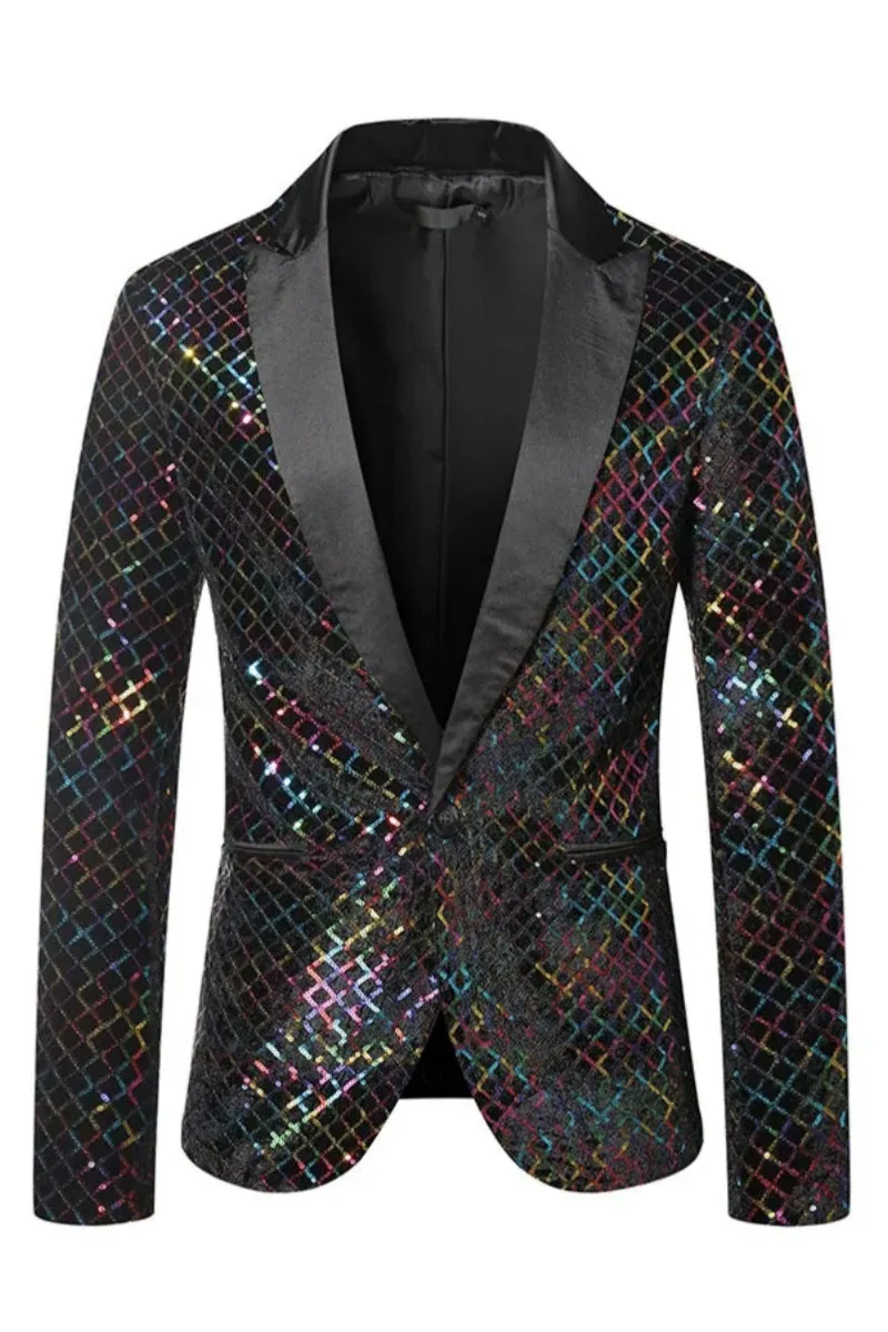 Men Fashion Sequins Plaid Pattern Peak Lapel Blazers