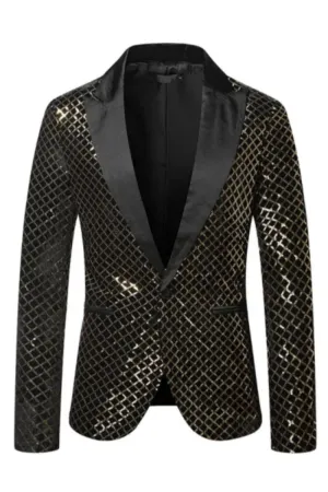 Men Fashion Sequins Plaid Pattern Peak Lapel Blazers