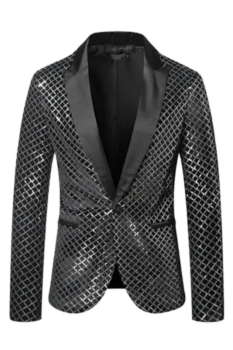 Men Fashion Sequins Plaid Pattern Peak Lapel Blazers