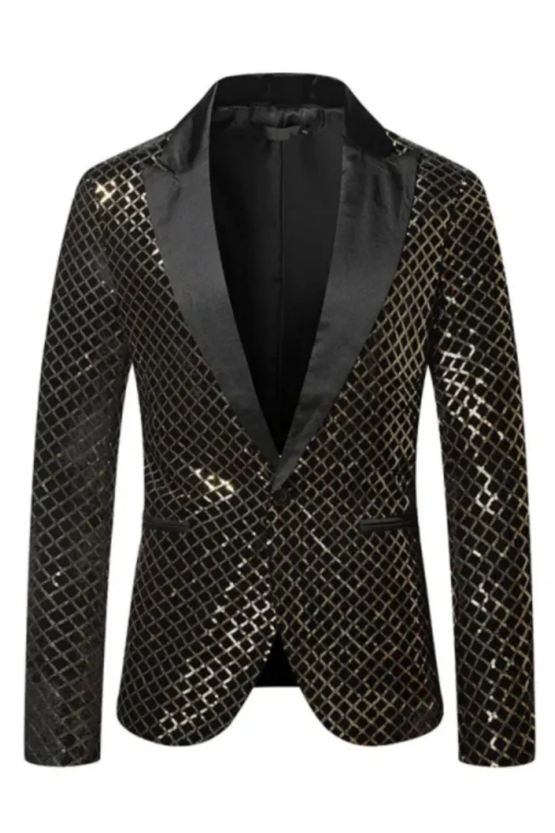 Men Fashion Sequins Plaid Pattern Peak Lapel Blazers