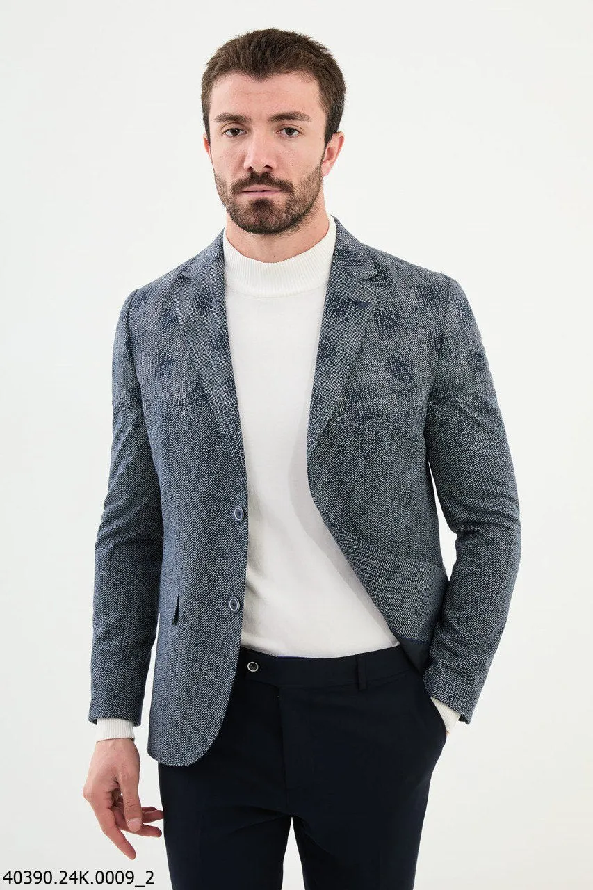 Men's Blue & White Textured Slim Fit Blazer