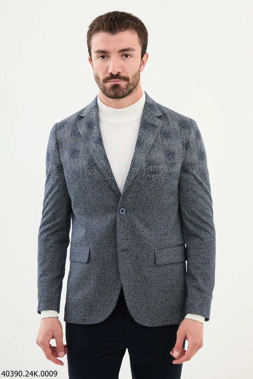 Men's Blue & White Textured Slim Fit Blazer