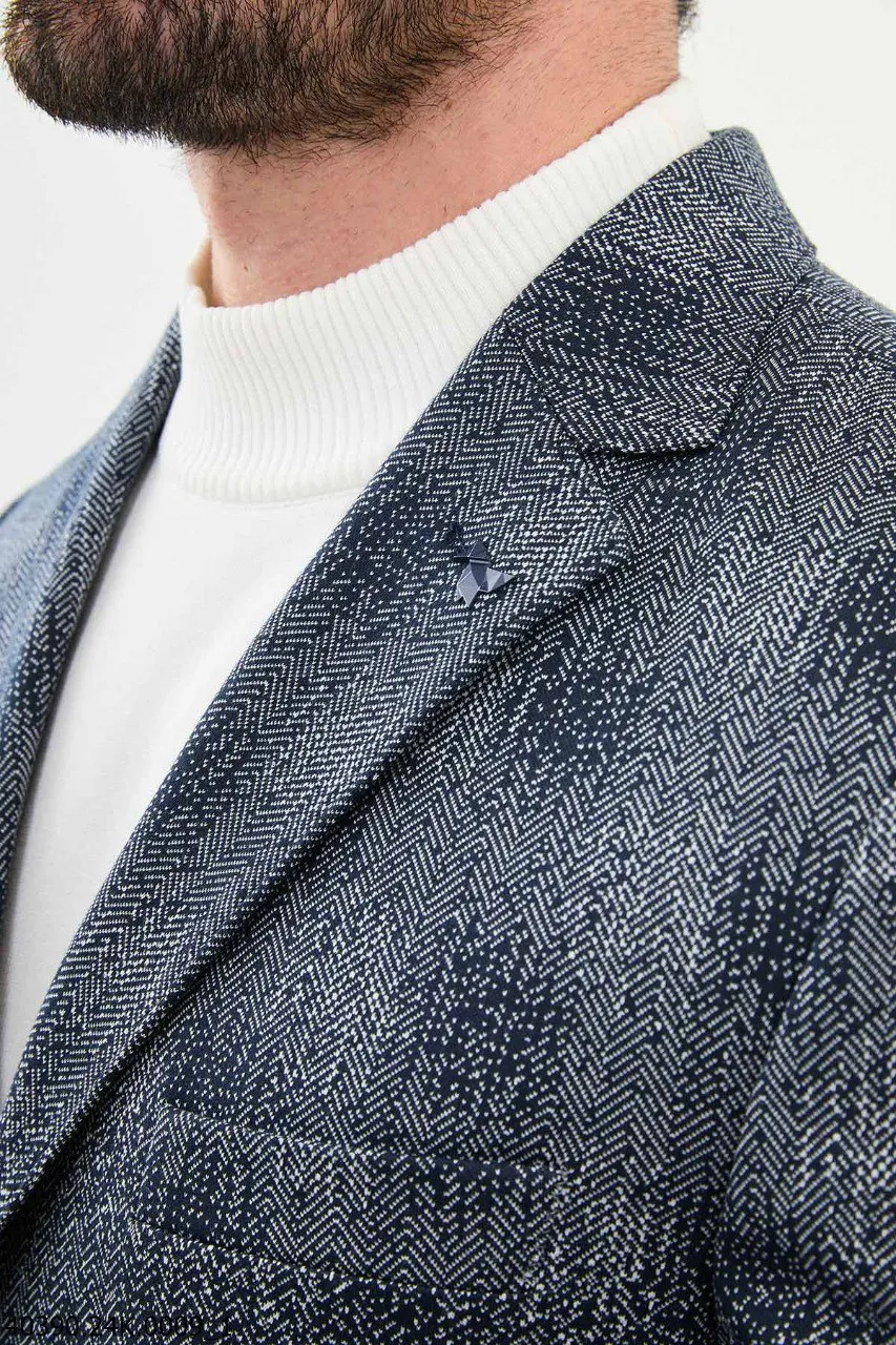 Men's Blue & White Textured Slim Fit Blazer