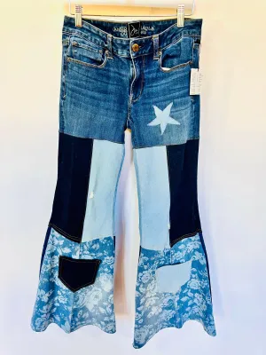 mid-lower rise blue   floral print bell bottom jeans [6/28]