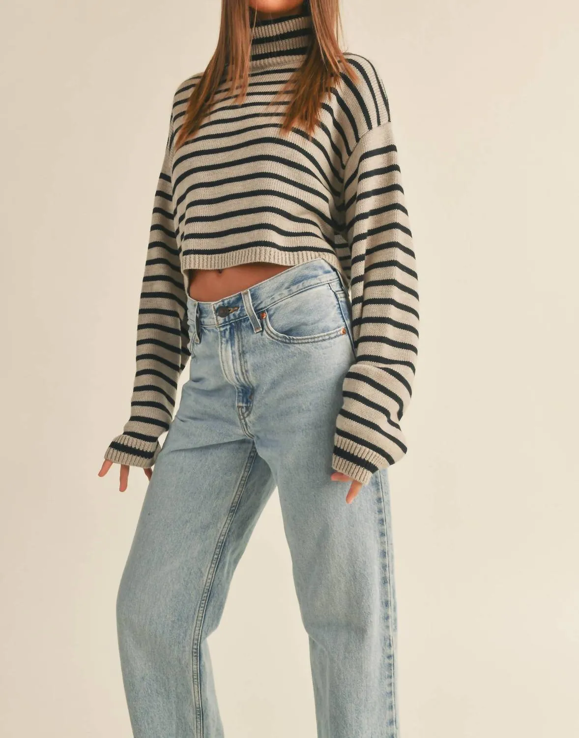 Miou Muse - STRIPED TURTLENECK CROP SWEATER