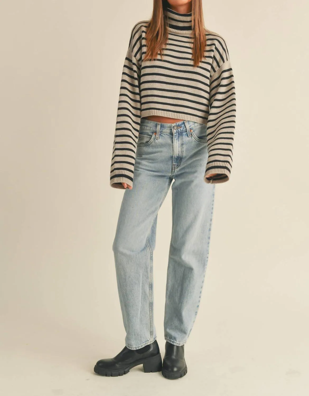 Miou Muse - STRIPED TURTLENECK CROP SWEATER