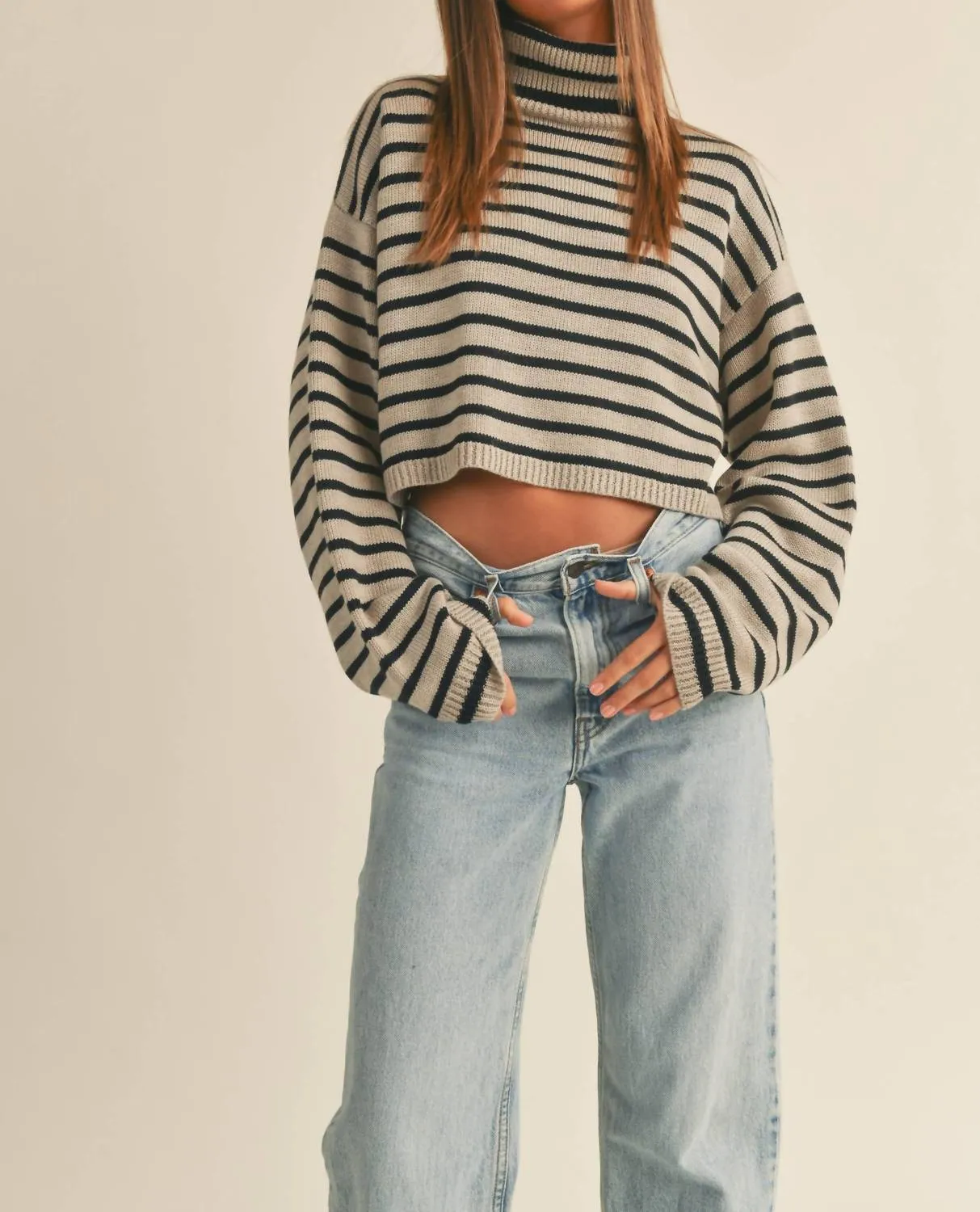 Miou Muse - STRIPED TURTLENECK CROP SWEATER