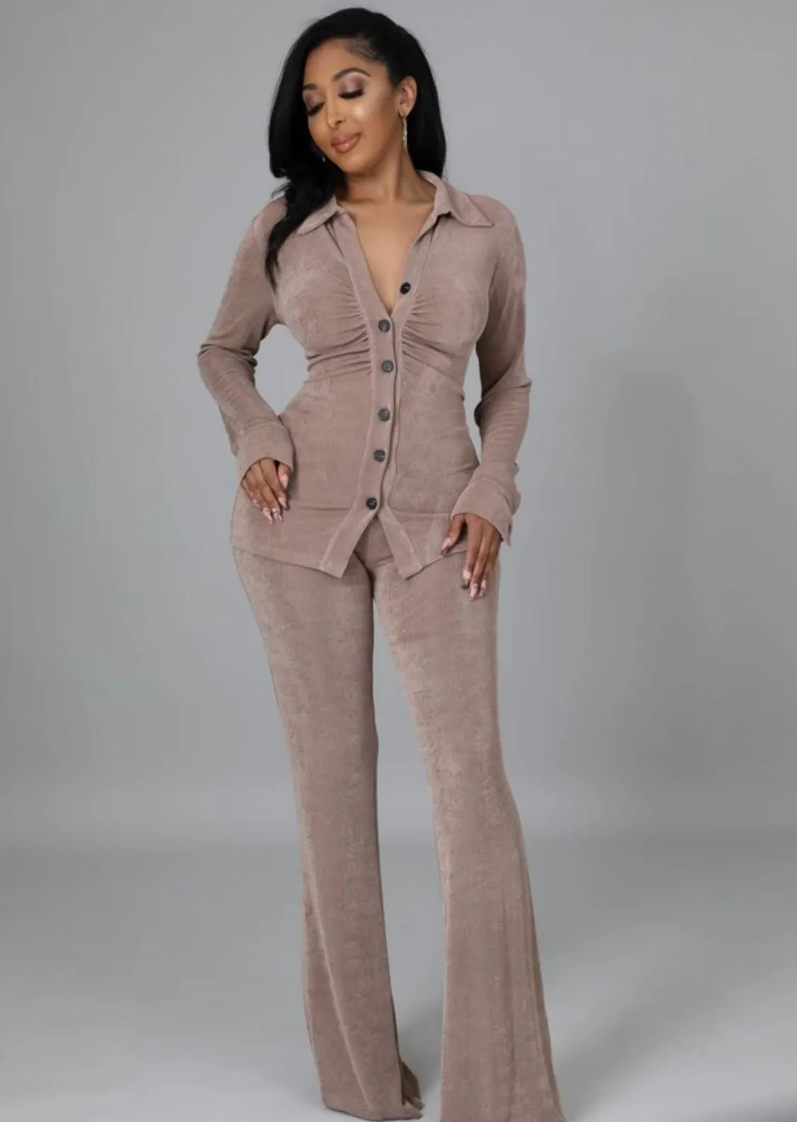 Mocha button down set