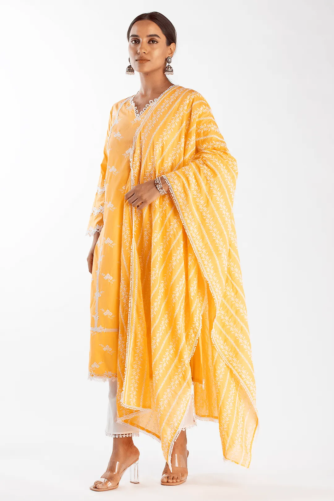 Mulmul Cotton Eternity Orange Kurta With Slit Pant White