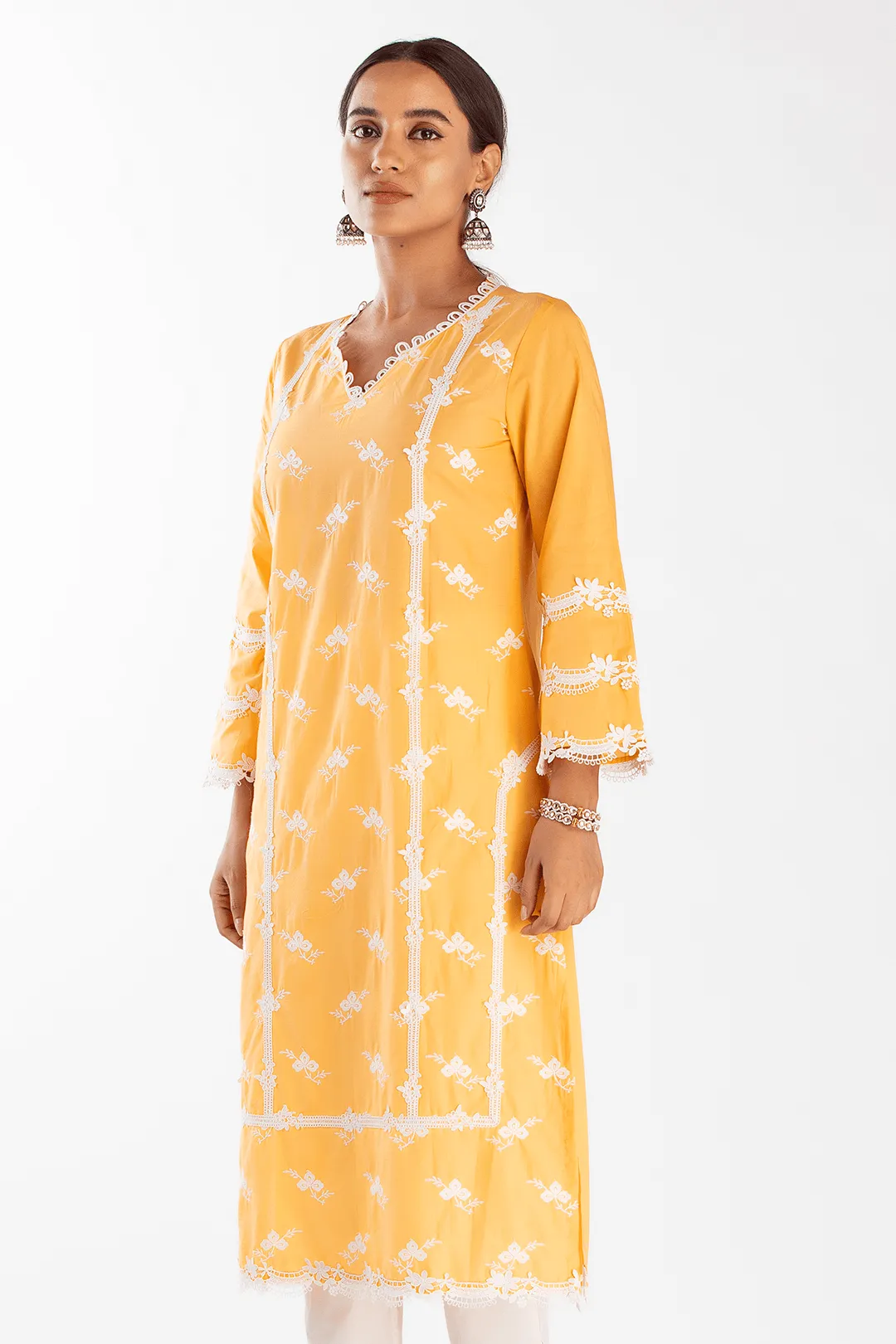 Mulmul Cotton Eternity Orange Kurta With Slit Pant White