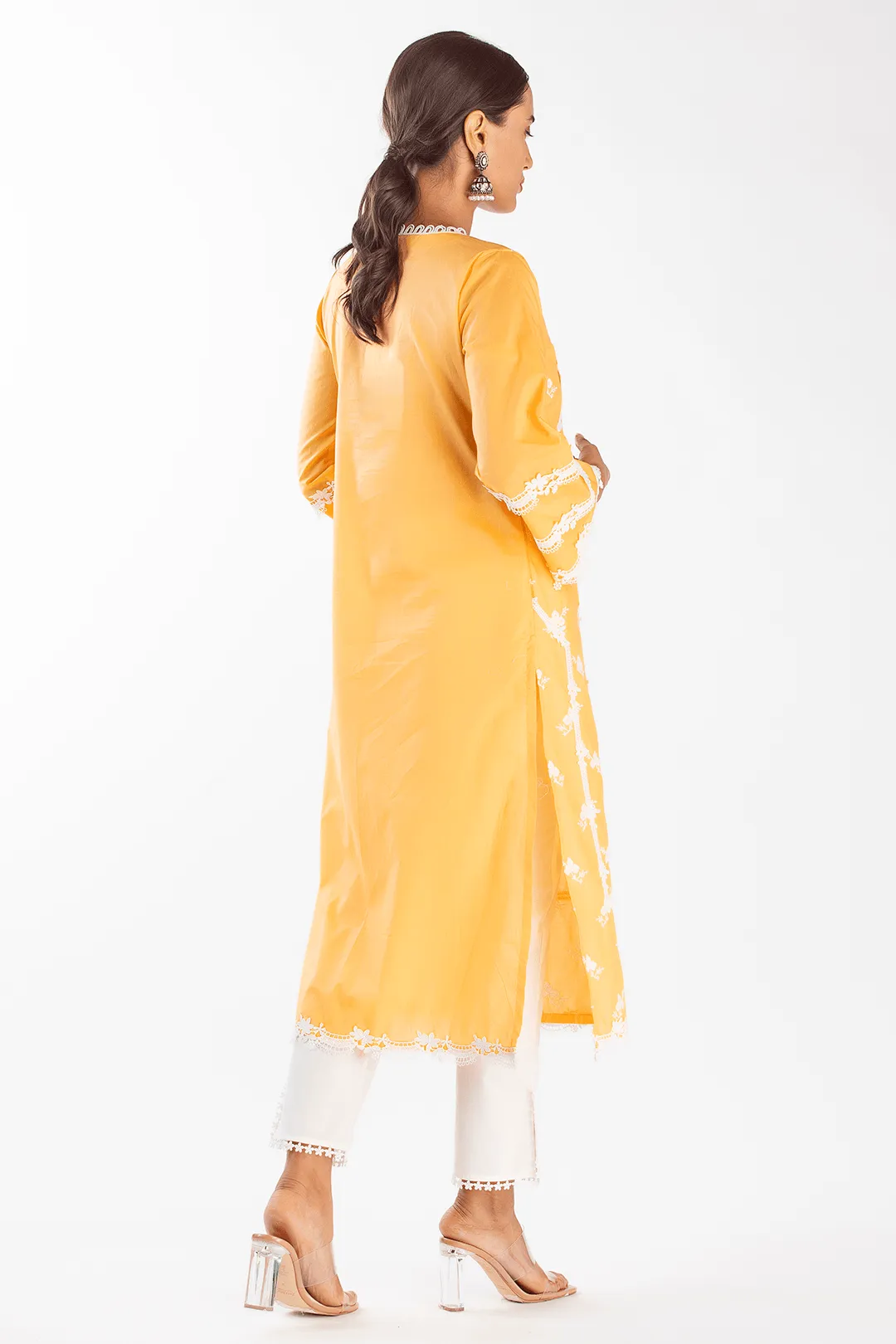 Mulmul Cotton Eternity Orange Kurta With Slit Pant White