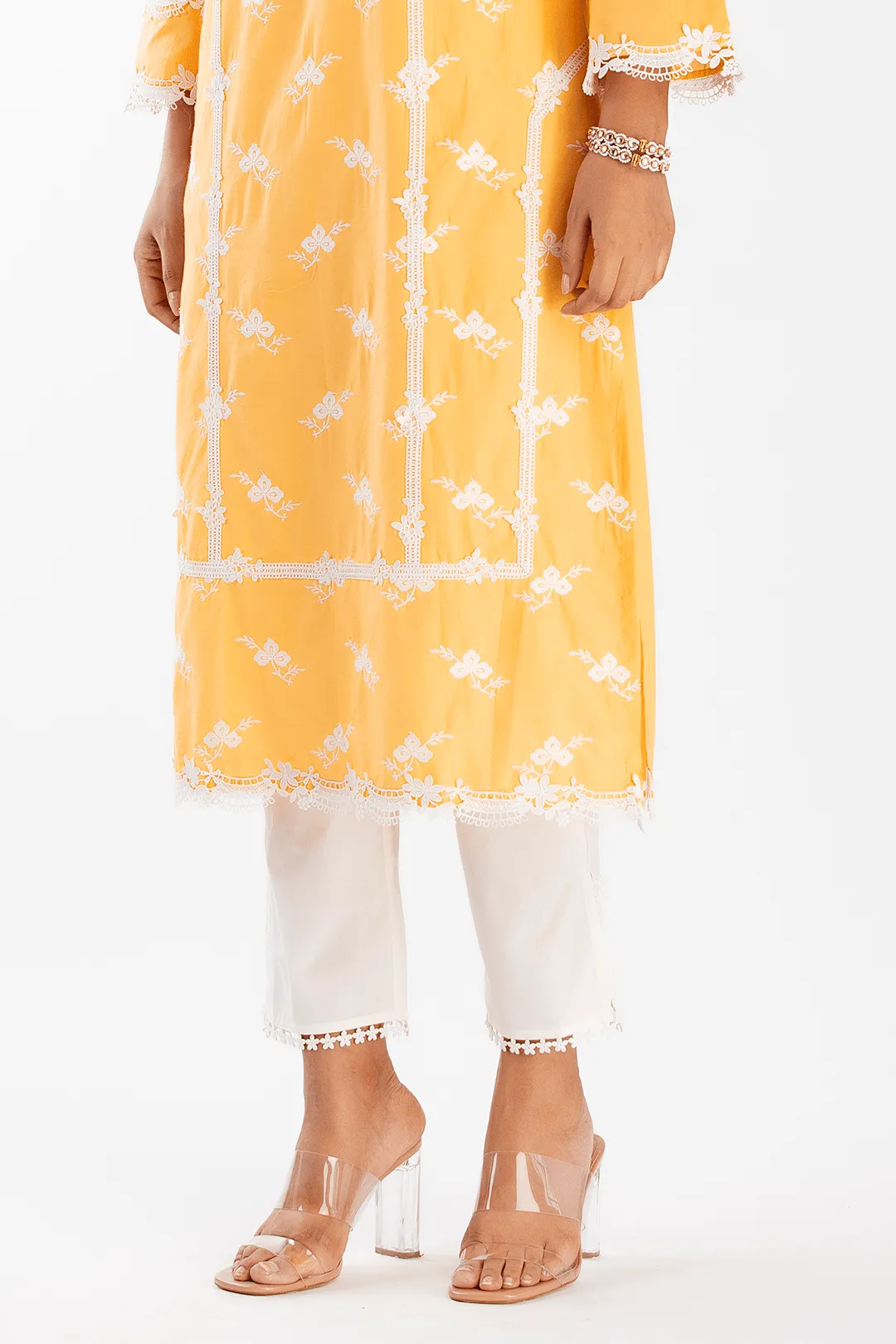 Mulmul Cotton Eternity Orange Kurta With Slit Pant White