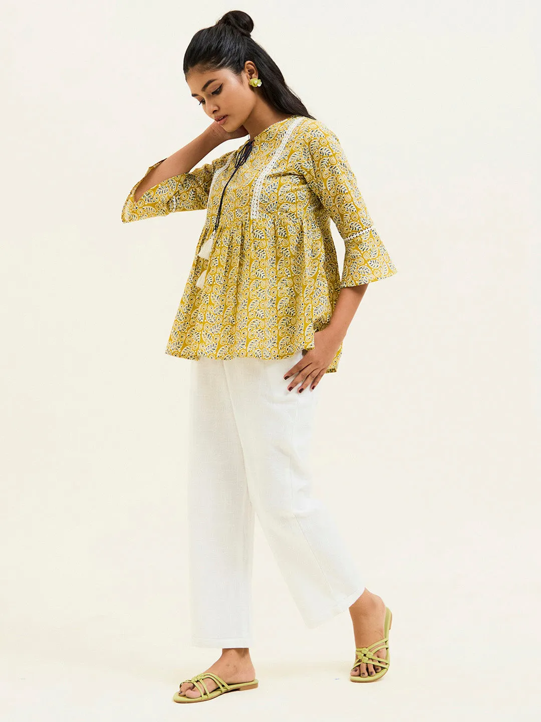 Mustard Printed Cotton Gathered Top