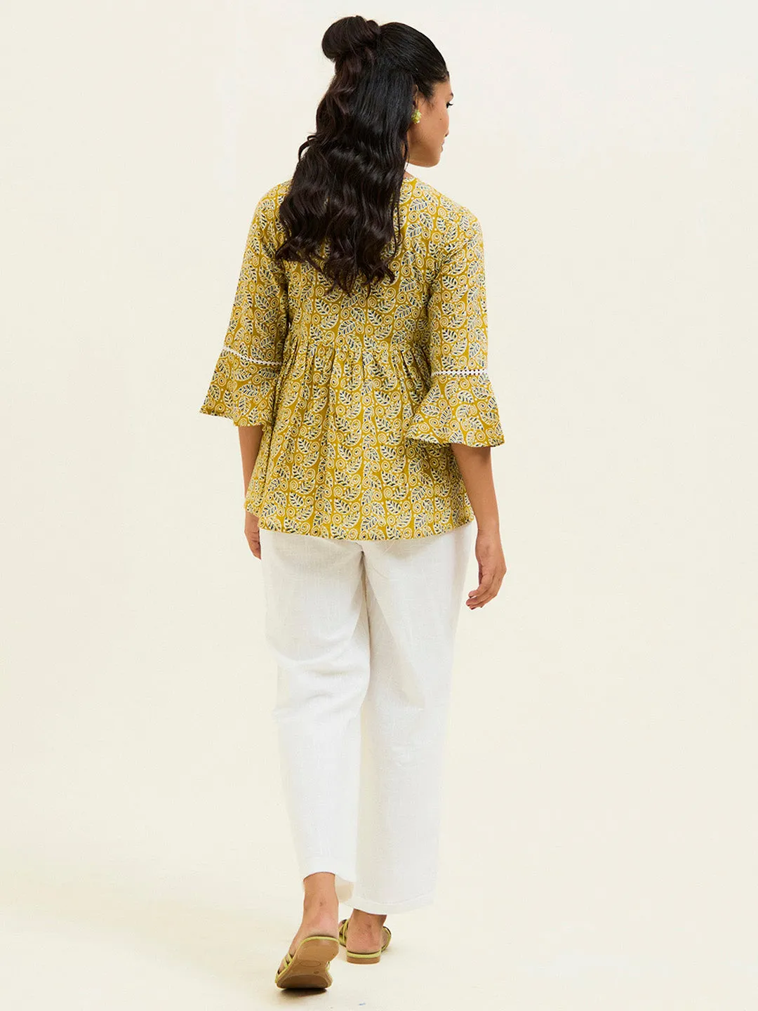 Mustard Printed Cotton Gathered Top