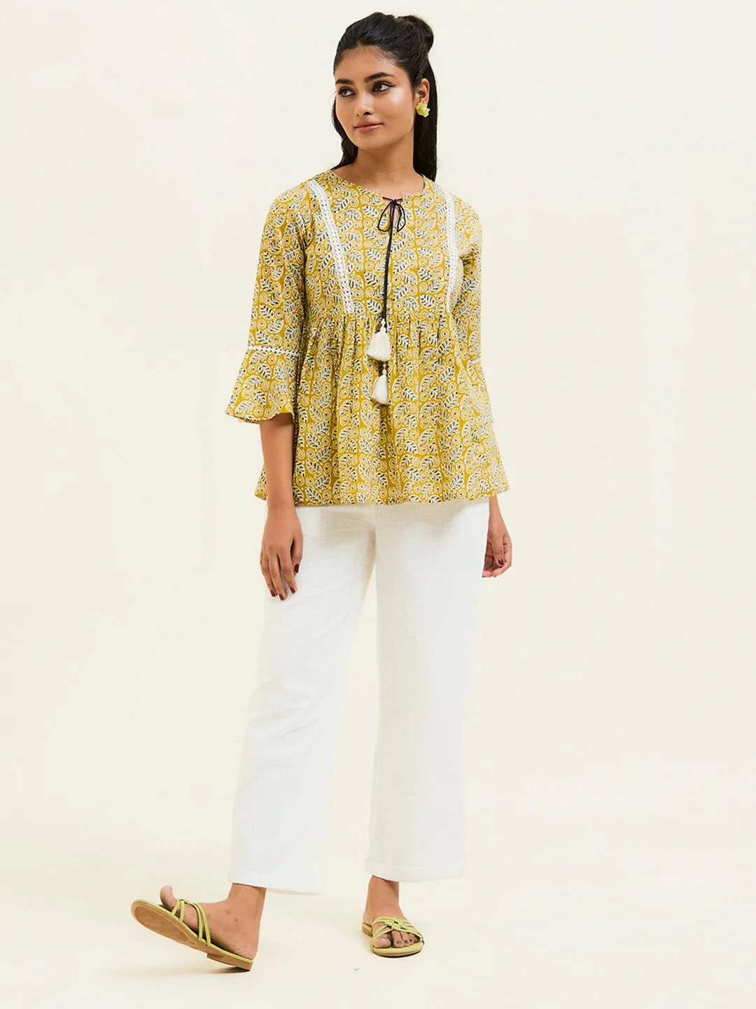 Mustard Printed Cotton Gathered Top