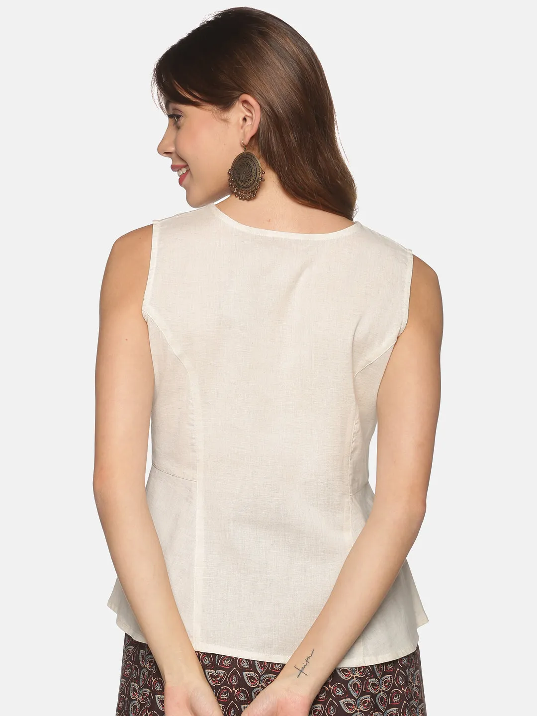 Natural Cotton Flax Panelled A-Line Top with Button-Down Placket