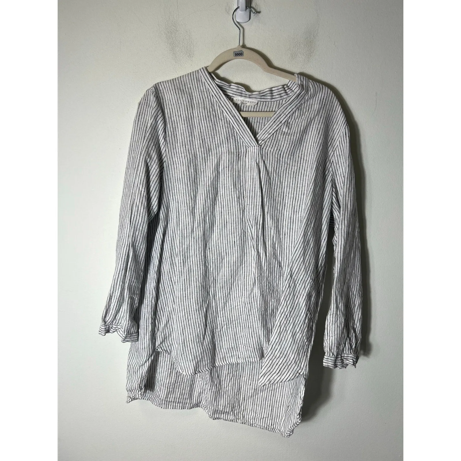 Neu Nomads Black White Stripe Long Sleeve Linen Tunic Sz M