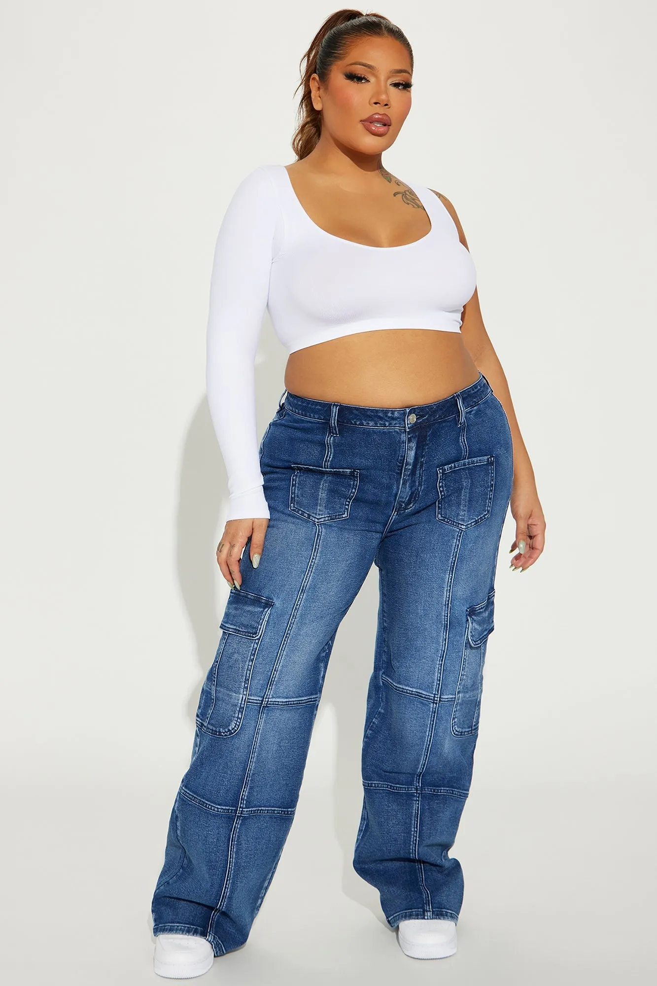 Never Stop Low Stretch Cargo Straight Leg Jeans - Dark Wash