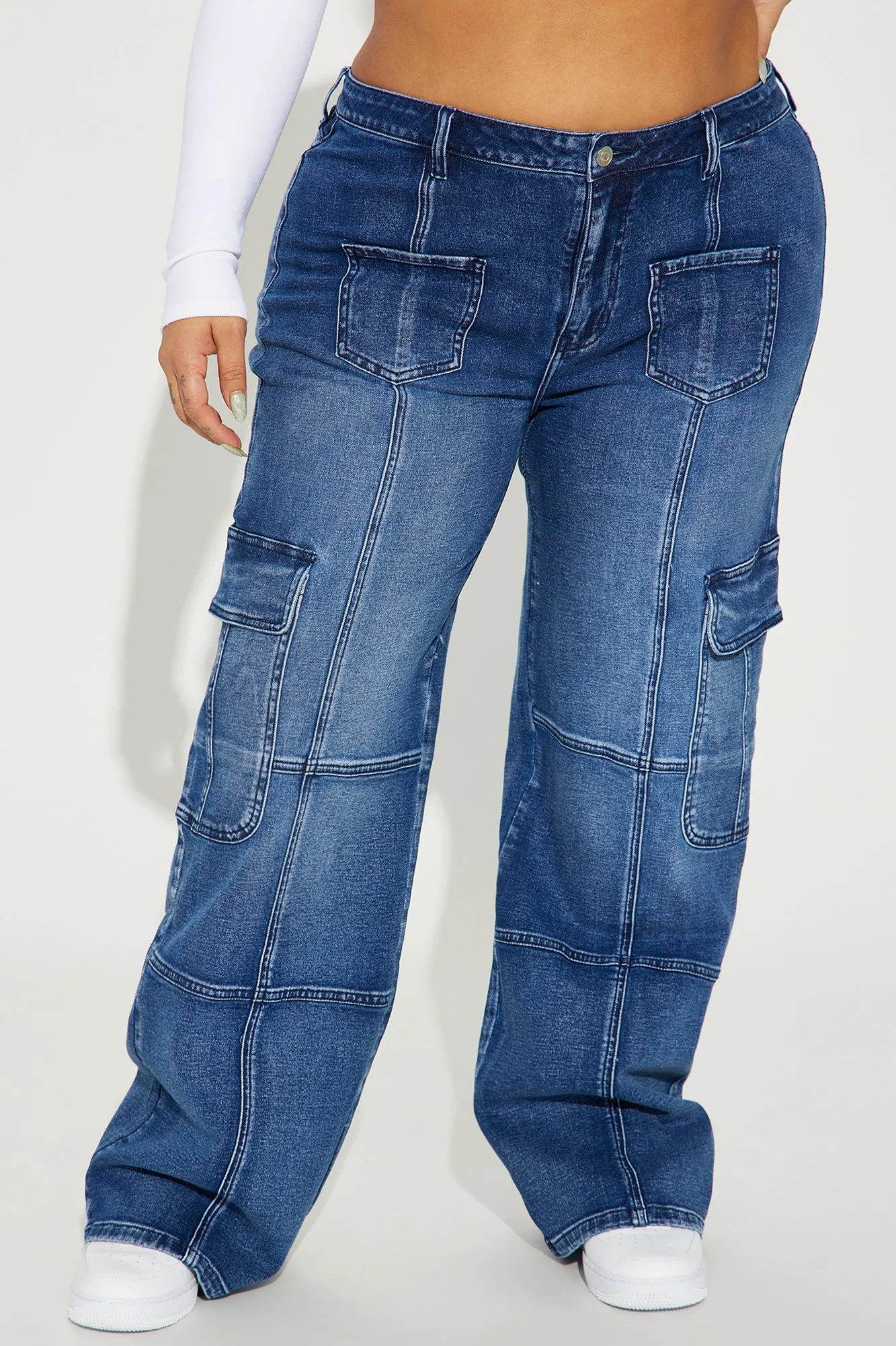 Never Stop Low Stretch Cargo Straight Leg Jeans - Dark Wash
