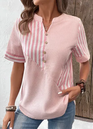 New Pink Patchwork Striped Short Sleeve Split Neck Blouse Linen like material, Sz L Retails $45 